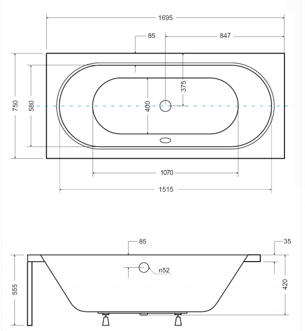 CADA RECTANGULARA VITAE 170X75, ACRIL, PICIOARE INCLUSE